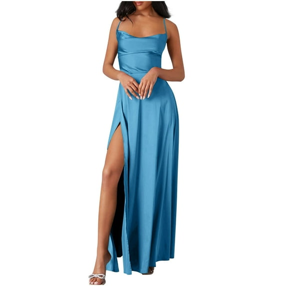 Stamzod Cocktail Dresses for Women Summer Solid Color Square Neck Sleeveless Split Spaghetti Strap Long Dress Party Maxi Dresses for Women 2025 Sky Blue L