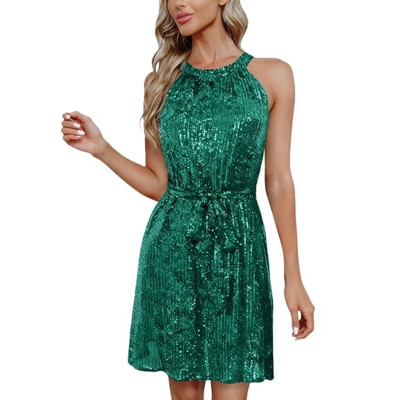 Stamzod Cocktail Dresses for Women Fashion Sequin Sleeveless Party Dress with Belt Summer Sparkly Mini Dresses for Women Green M