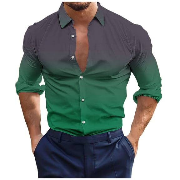 Stamzod Compression Shirt Men Long Sleeve Gradient Color Men Beach Shirts Button Down Slim Spring Fall Fit Mens Dress Shirts
