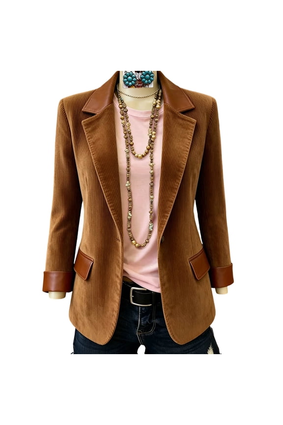 Corduroy Blazers for Women Business Casual Lapel Open Front Suit Jackets Fall Winter Long Sleeve Work Office Blazer Jacket Brown M