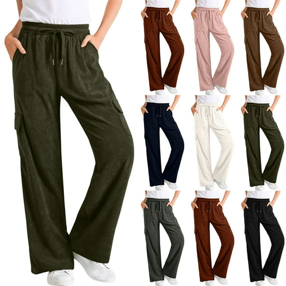 Stamzod Corduroy Cargo Pants Women Solid Color Elastic Waist Straight Sweatpants with Pockets Casual Loose Trousers Pants for Women Green B S