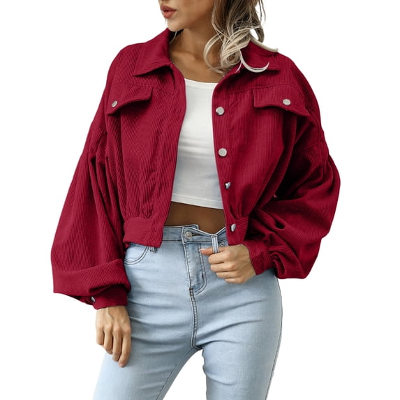 Stamzod Corduroy Jackets for Women Trendy Casual Balloon Sleeve Cropped Jacket 2026 Button Up Fall Coats