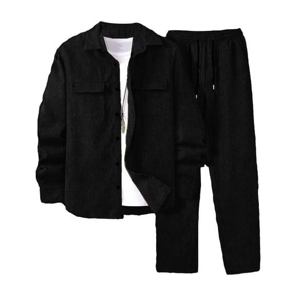 Stamzod Corduroy Outfits for Men 2 Piece Solid Color Vintage Long Sleeve Button Down Jacket Shirts and Long Pants Set Fall Men's Tracksuits Black-3 L