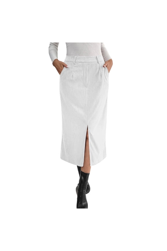 Corduroy Skirts for Women Solid Color Split Work Dresses Fall Winter Elegant Pleated Skirts for Women White M