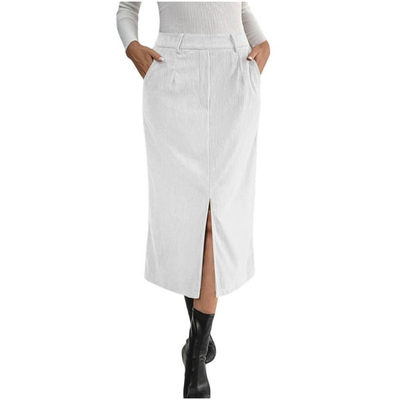 Stamzod Corduroy Skirts for Women Solid Color Split Work Dresses Fall Winter Elegant Pleated Skirts for Women White XXL