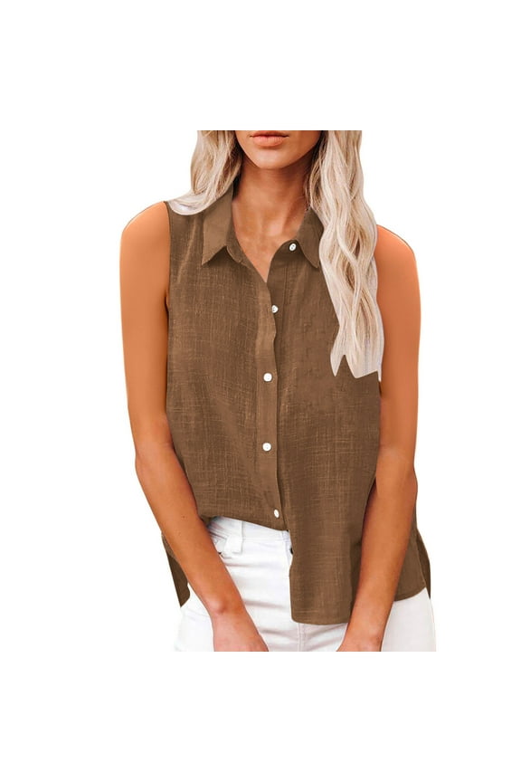 Cotton Button Down Shirts for Women Summer Solid Color Turndown Sleeveless Blouses Daily Casual Loose Lightweight Tops & Blouses Coffee B M