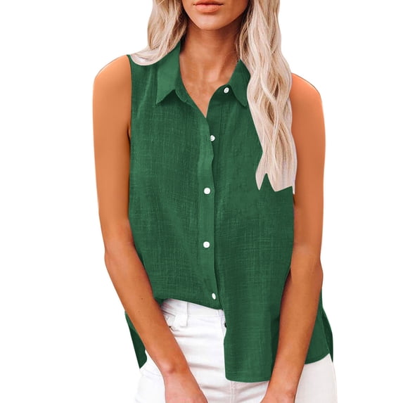 Stamzod Cotton Button Down Shirts for Women Summer Solid Color Turndown Sleeveless Blouses Daily Casual Loose Lightweight Tops & Blouses Green B M