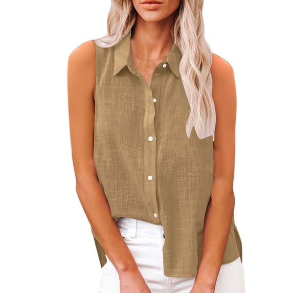 Stamzod Cotton Button Down Shirts for Women Summer Solid Color Turndown Sleeveless Blouses Daily Casual Loose Lightweight Tops & Blouses Khaki B S