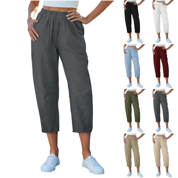 Stamzod Cotton Capri Pants for Women Summer Casual Capris with Pockets Beach Vacation Cropped Trousers Army Green B XXL