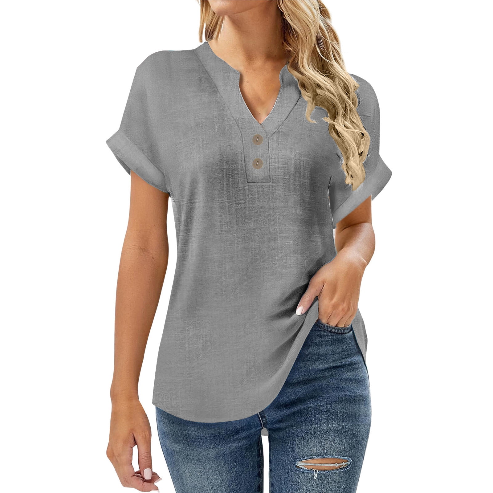 Stamzod Cotton Linen Shirts for Women 2026 Solid Color V Neck