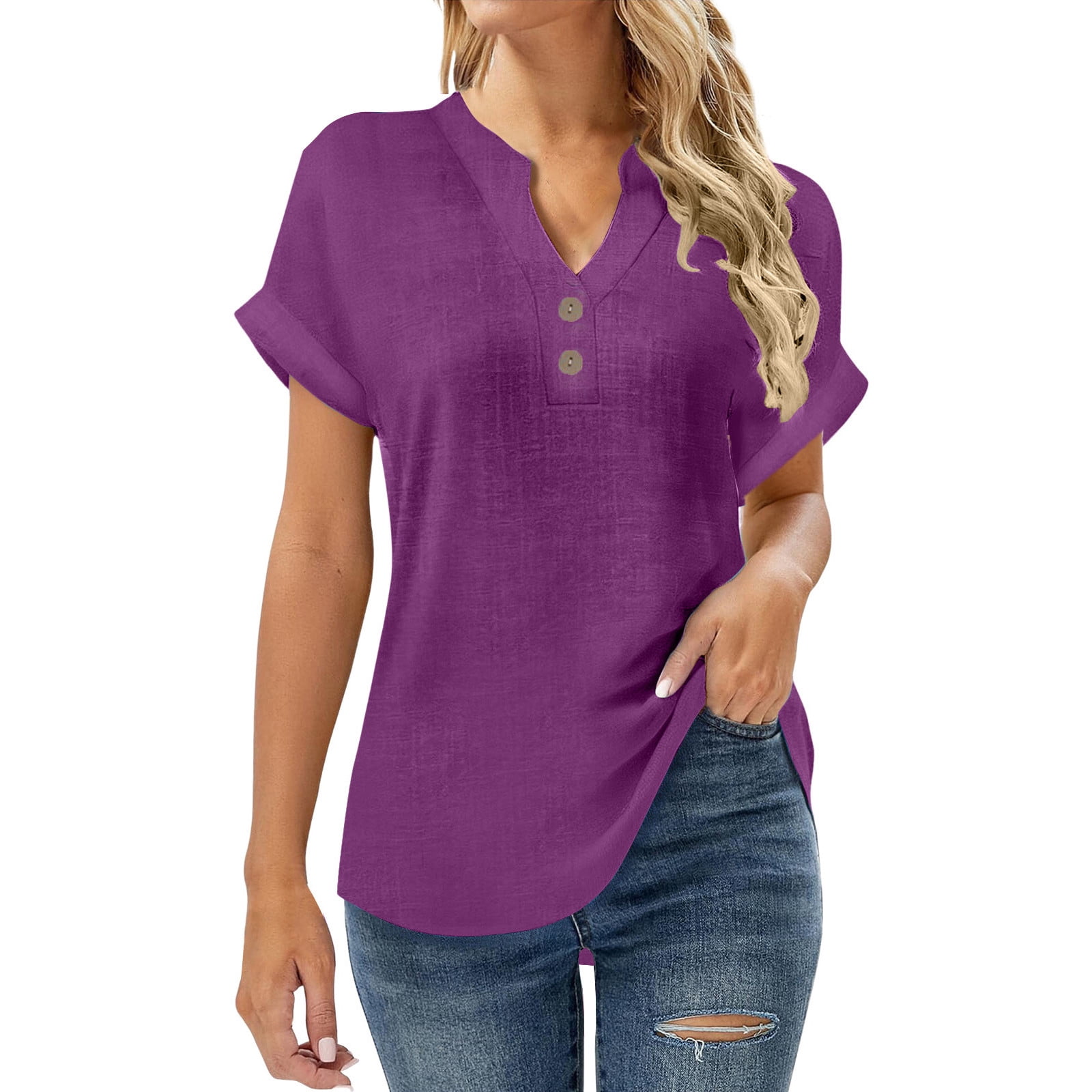 Stamzod Cotton Linen Shirts for Women 2026 Solid Color V Neck