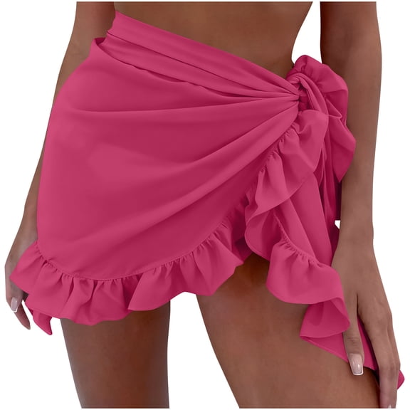 Stamzod Cover Ups for Swimwear Women 2026 Solid Chiffon Bikini Coverup Ruffle Skirt Summer Swimsuit Coverup for Women Hot Pink Free Size