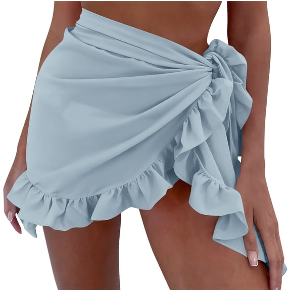 Stamzod Cover Ups for Swimwear Women 2026 Solid Chiffon Bikini Coverup Ruffle Skirt Summer Swimsuit Coverup for Women Light Blue Free Size