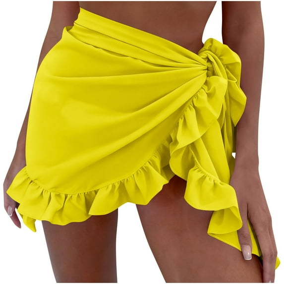 Stamzod Cover Ups for Swimwear Women 2026 Solid Chiffon Bikini Coverup Ruffle Skirt Summer Swimsuit Coverup for Women Yellow Free Size