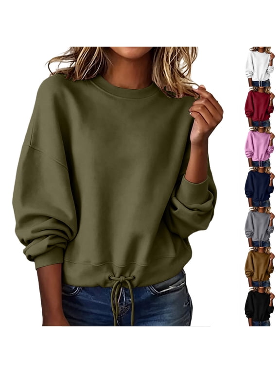 Crew Neck Sweatshirts Women Fall Fashion Casual Work Cropped Sweatshirt Drawstring Long Sleeve Top Plus Size Clothes