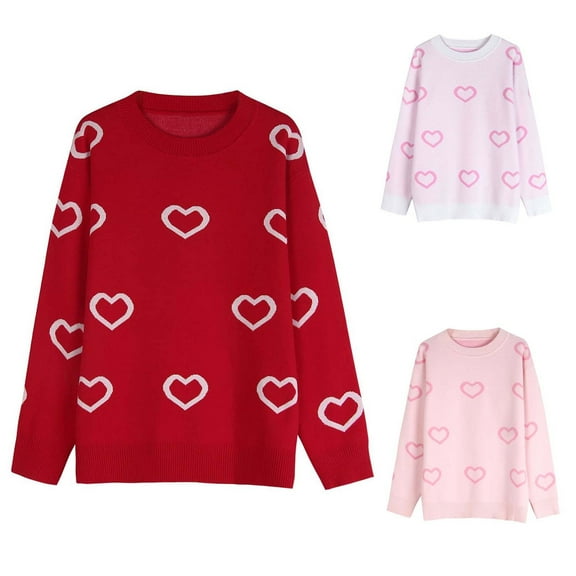 Stamzod Crewneck Sweaters for Women Valentine's Day Fashion Heart Printed Long Sleeve Knitted Sweater Fall Sweaters for Women Red F L