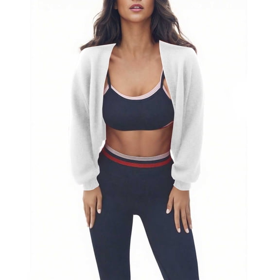 Stamzod Cropped Cardigan Sweaters for Women Solid Color V Neck Long Sleeve Open Front Sweater Casual Workout Cardigans for Women Trendy White M