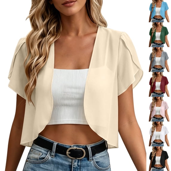 Stamzod Cropped Cardigan for Women Summer Short Sleeve Chiffon Shrug Open Front Lightweight Oversized Cardigans Blue B S