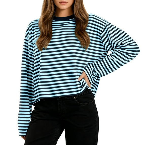 Stamzod Cropped Tops for Women Trendy Striped Casual Long Sleeve Shirt Womens Fall Fashion 2025 Crewneck T Shirts Blue F XL