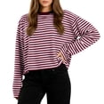 thumbnail image 1 of Stamzod Cropped Tops for Women Trendy Striped Casual Long Sleeve Shirt Womens Fall Fashion 2025 Crewneck T Shirts Red F XL, 1 of 8
