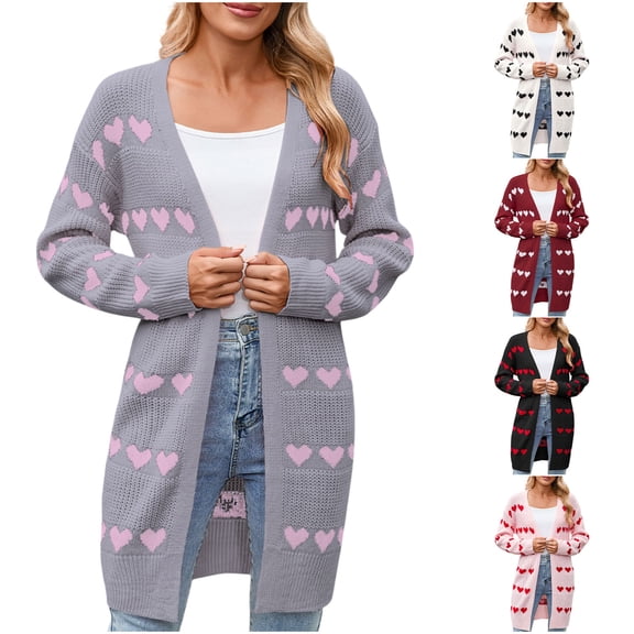 Stamzod Cute Cardigan Sweaters for Women Fashion Heart Printed Casual Long Sleeve Knit Sweater Outerwear Fall Women's Cardigans Pink M