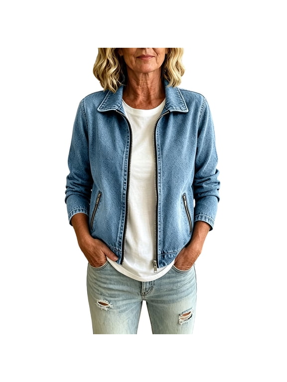 Denim Jacket for Women 2026 Fashion Vintage Long Sleeve Jean Jackets with Pocket Collared Zip Up Fall Coats Sky Blue S