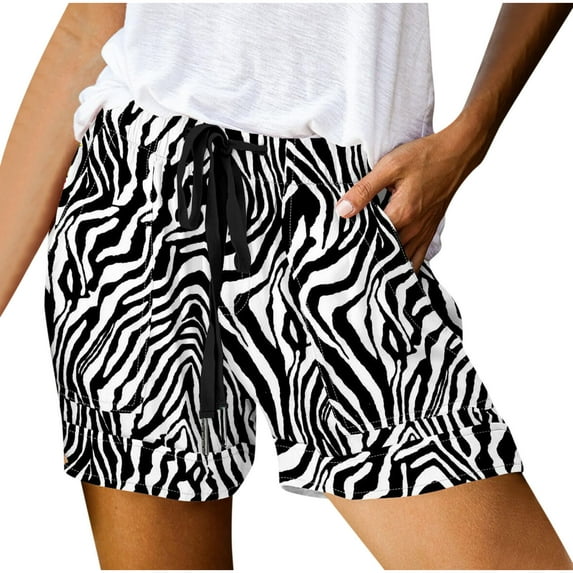 Stamzod Drawstring Shorts Women Clothing Summer Strip Printing Elastic Waist Shorts with Pocket Casual Plus Size Lightweight Beach Shorts for Women on Clearance Black B XXXXL