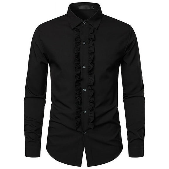 Stamzod Dress Shirts for Men Fashion Solid Color Turndown Long Sleeve Ruched Party formal Shirts Casual Button Down Shirt Men Wedding Clothes Black M