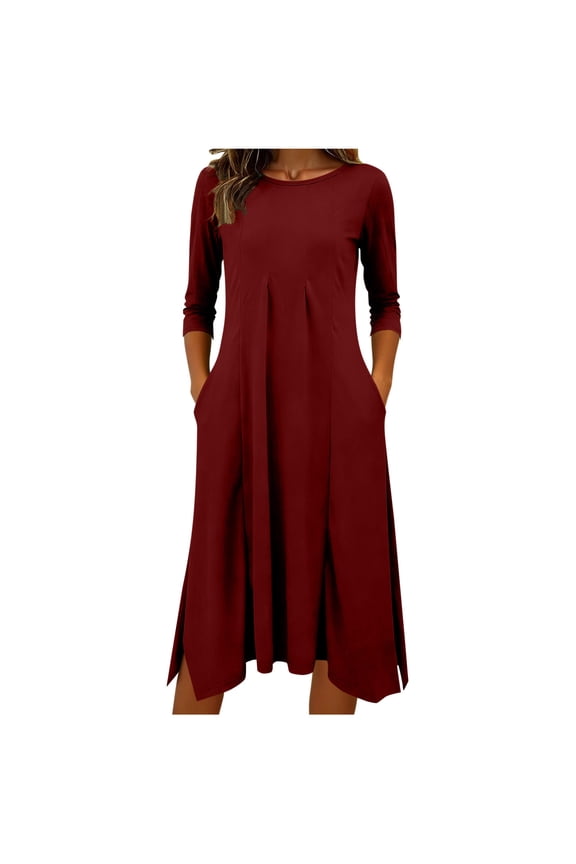 Dresses for Women 3/4 Sleeve Crew Neck Elastic Wais Tunic Dress with Pockets Wine S