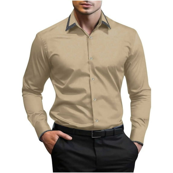 Stamzod Dressy Shirts for Men Fashion Solid Color Summer Long Sleeve Stretch Wrinkle-Free formal Shirt Business Casual Button Down Shirts Khaki M