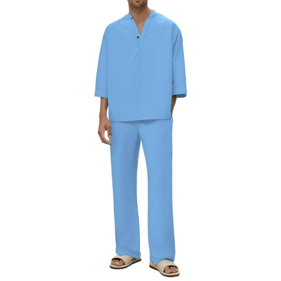 Stamzod Early Fall Fashion Mens Outfits Solid Color V Neck Three Quarters Sleeve Shirts and Pants Set Casual Beach Vacation Tracksuit Men's Clothing Light Blue-4 M