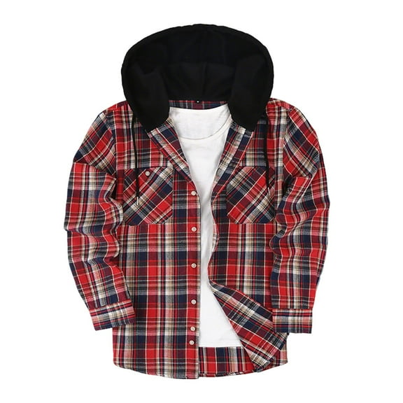 Stamzod Early Fall Fashion Plaid Hooded Jacket Casual Long Sleeve Button Up Jackets with Pocket Men's Outerwear Red XXL