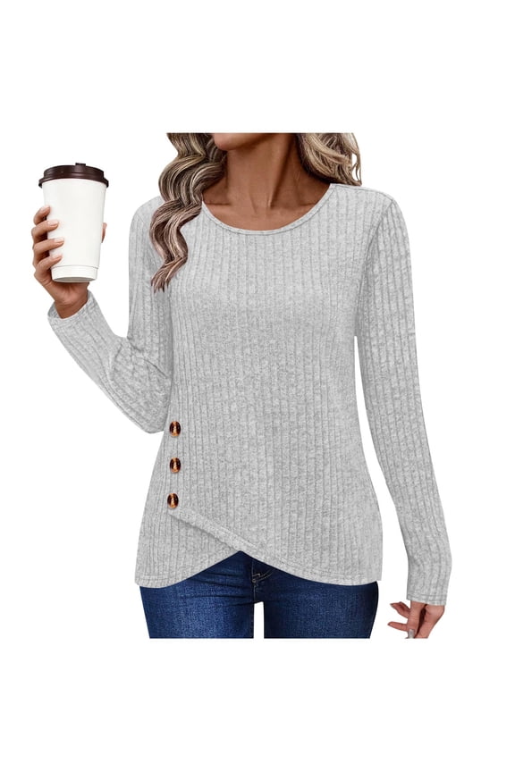 Early Fall Fashion Women Blouses Solid Color Crewneck Pullover Sweaters Tops Casual Loose Long Sleeve Shirts for Women