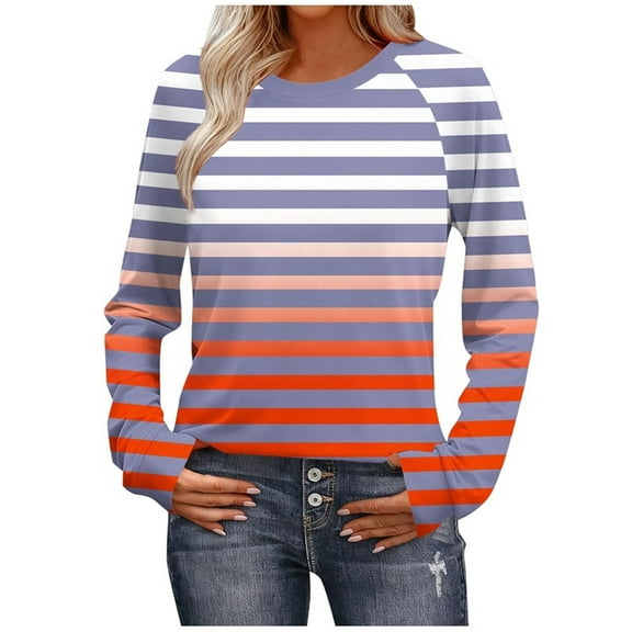 Stamzod Early Fall Fashion Women Blouses Striped Long Sleeve Pullover Tops Crewneck Casual Shirts for Women Gray D L