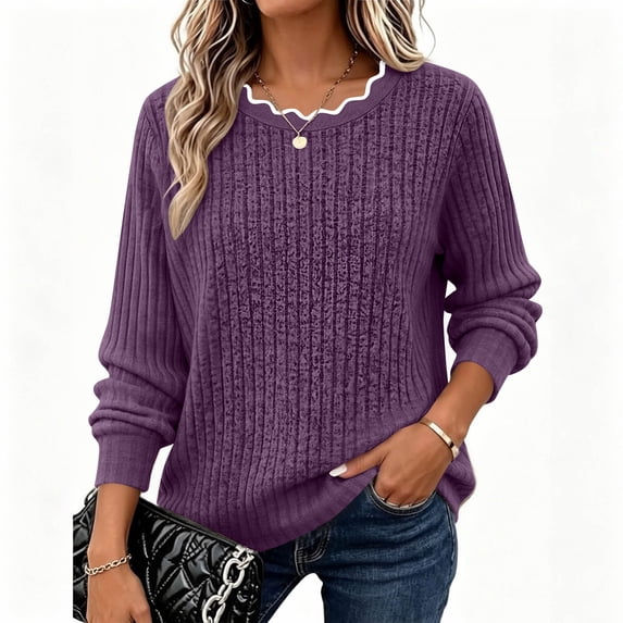 Stamzod Fall 2026 Womens Fashion Knit Top Crewneck Scalloped Long Sleeve Blouses Dressy Casual Ribbed Tunic Tops