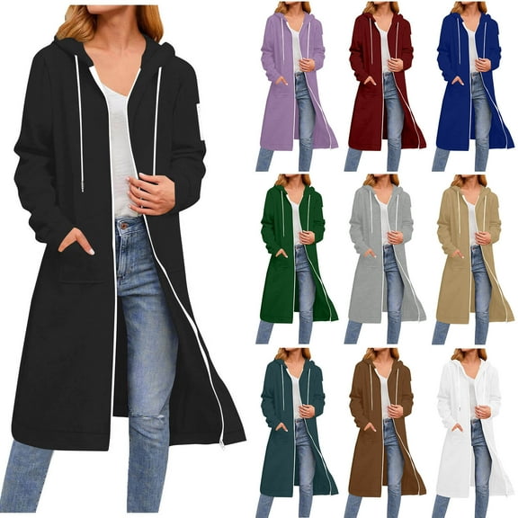 Stamzod Fall Coats for Women 2025 Solid Color Long Sleeve Zip Up Hoodie Jacket with Pocket Casual Mid Length Jackets for Women White S