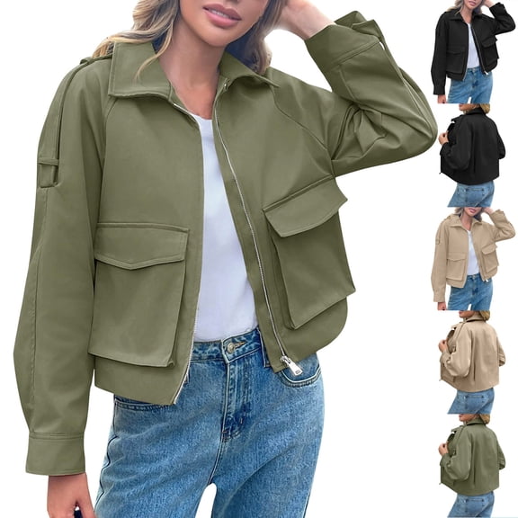 Stamzod Fall Coats for Women 2025 Solid Color Turndown Long Sleeve Cropped Jacket Women Casual Windbreaker Jackets with Pocket Khaki-2 S