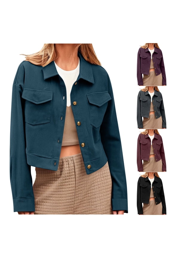 Fall Crop Jackets for Women Solid Color Turndown Long Sleeve Button Up Bomber Jacket Women Casual Outerwear Coat with Pocket Dark Gray L