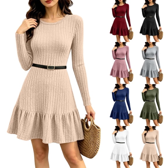Stamzod Fall Dresses for Women 2026 Fashion Casual A Line Ruffle Dress Long Sleeve Knit Ribbed Short Sweater Dress