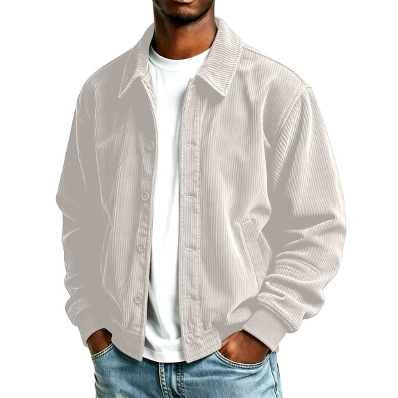 Stamzod Fall Fashion Bomber Jacket Men Long Sleeve Collared Corduroy Coats Casual Work Jackets for Men White C M