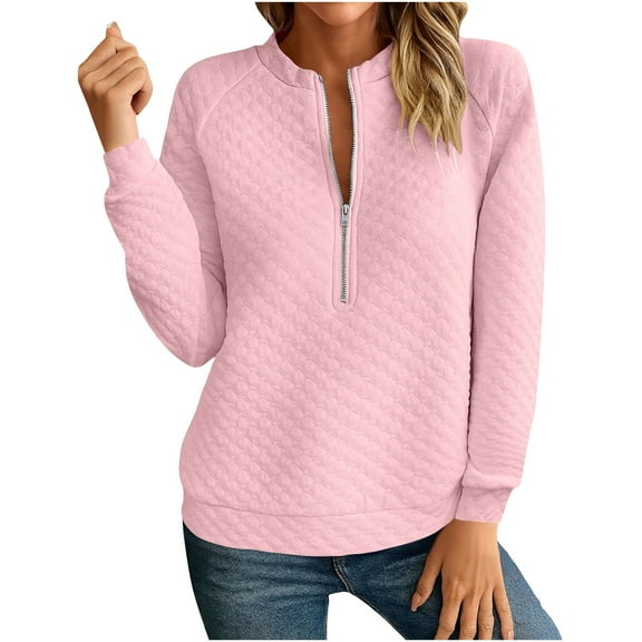 Stamzod Fall Fashion Half Zip Sweatshirt Women Long Sleeve Crew Neck Sweatshirts Women Casual Loose Pullover Tops Pink-1 XXL