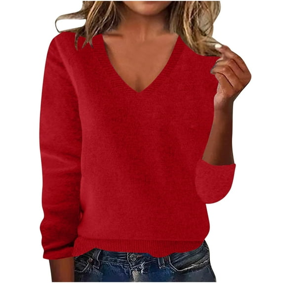 Stamzod Fall Fashion Must Haves Solid Color Pullover Knitted Sweater Long Sleeve V Neck Sweaters for Women Red L
