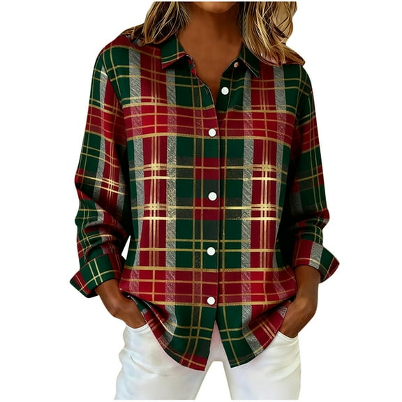 Stamzod Fall Fashion Plaid Shirts for Women Turndown Casual Long Sleeve Tops Loose Button Up Shirt Women Clothes Red E XXL