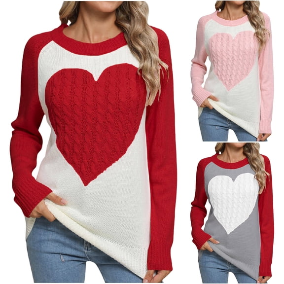 Stamzod Fall Fashion for Women 2025 Trendy Sweaters Fashion Heart Printed Crewneck Long Sleeve Sweater Valentine's Day Casual Pullover Sweaters Gray L