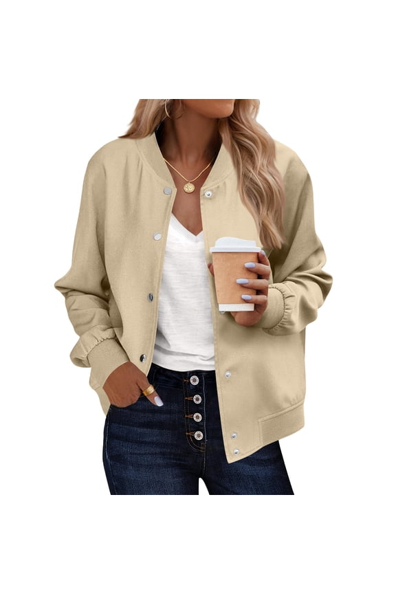 Fall Jackets for Women 2025 Solid Color Long Sleeve Bomber Jacket Women Casual Cropped Jackets with Pocket Beige C XXL