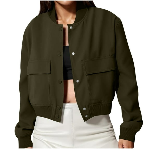 Stamzod Fall Jackets for Women 2025 Solid Color Long Sleeve Button Cropped Jacket Casual Work Coats for Women with Pocket Army Green-1 XXXL