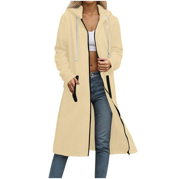 Stamzod Fall Jackets for Women 2025 Solid Color Long Sleeve Zip Up Jacket with Pocket Casual Long Hoodie Coats for Women Beige B L