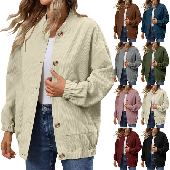 Stamzod Fall Jackets for Women 2025 Solid Color Stand Collar Long Sleeve Button Corduroy Jacket with Pocket Casual Barn Jackets for Women Brown-1 M
