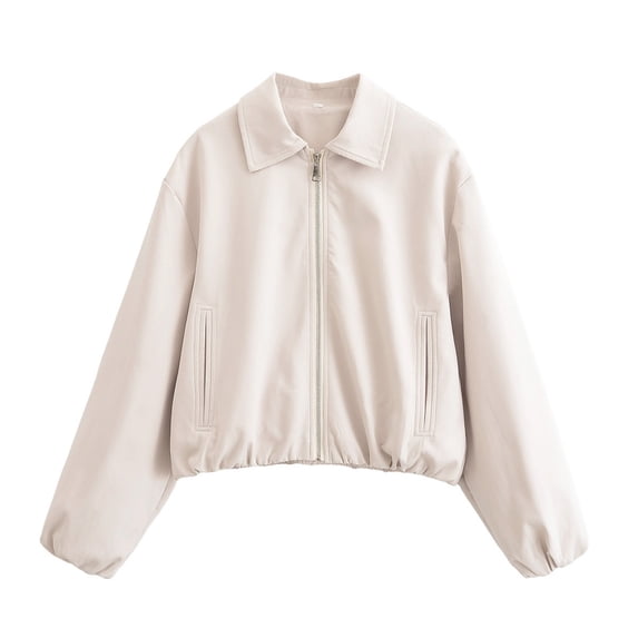 Stamzod Fall Jackets for Women Collared Long Sleeve Cropped Zip Up Jacket with Pocket Casual Windbreaker Coats Beige XS