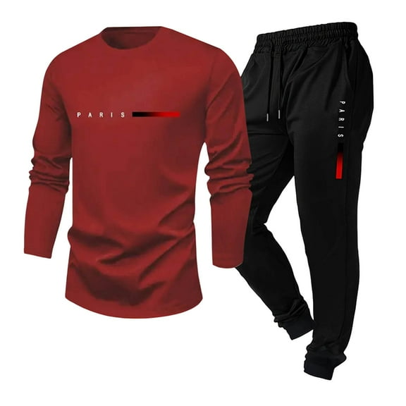 Stamzod Fall Mens Track Suits 2 Piece Set Crewneck Short Sleeve Tshirt and Sweatpants Casual Sports Sweat Suit Men's Clothing Wine S